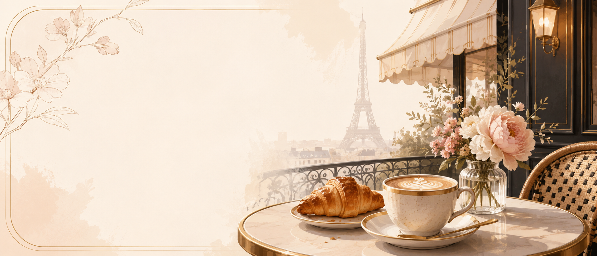 A Parisian café table on a balcony with the Eiffel Tower beyond