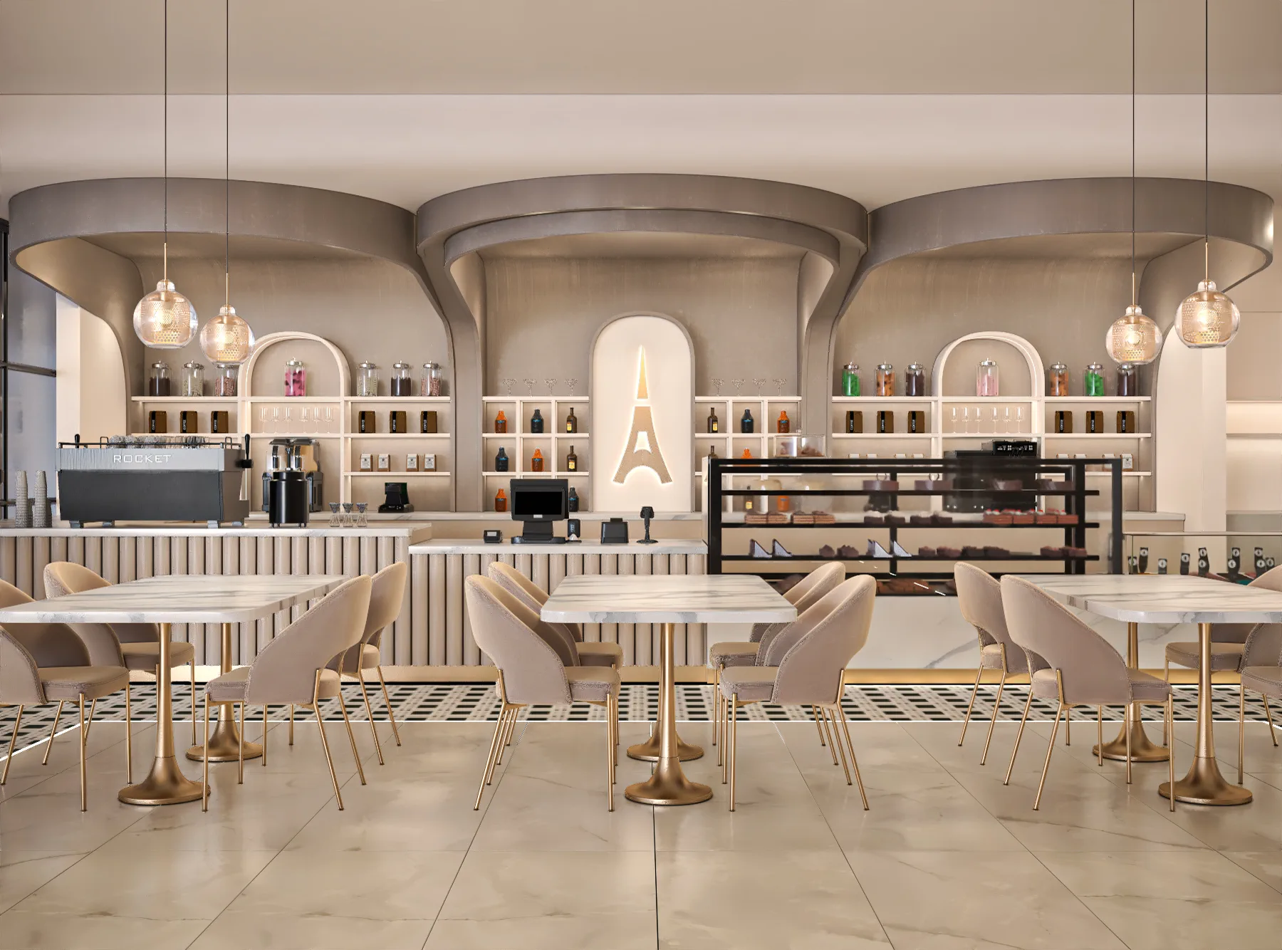 Inside Paris Café — marble tables, blush velvet chairs and a glowing Eiffel at the heart of the room