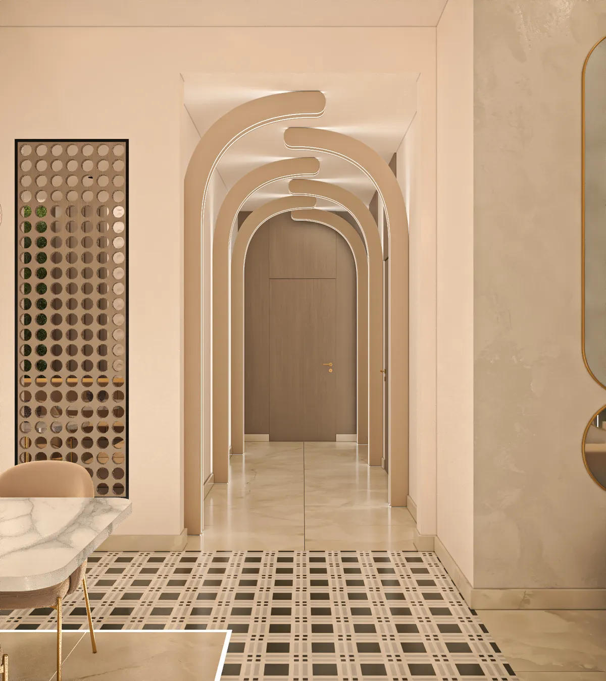 Arched alcoves and a mosaic floor inside Paris Café